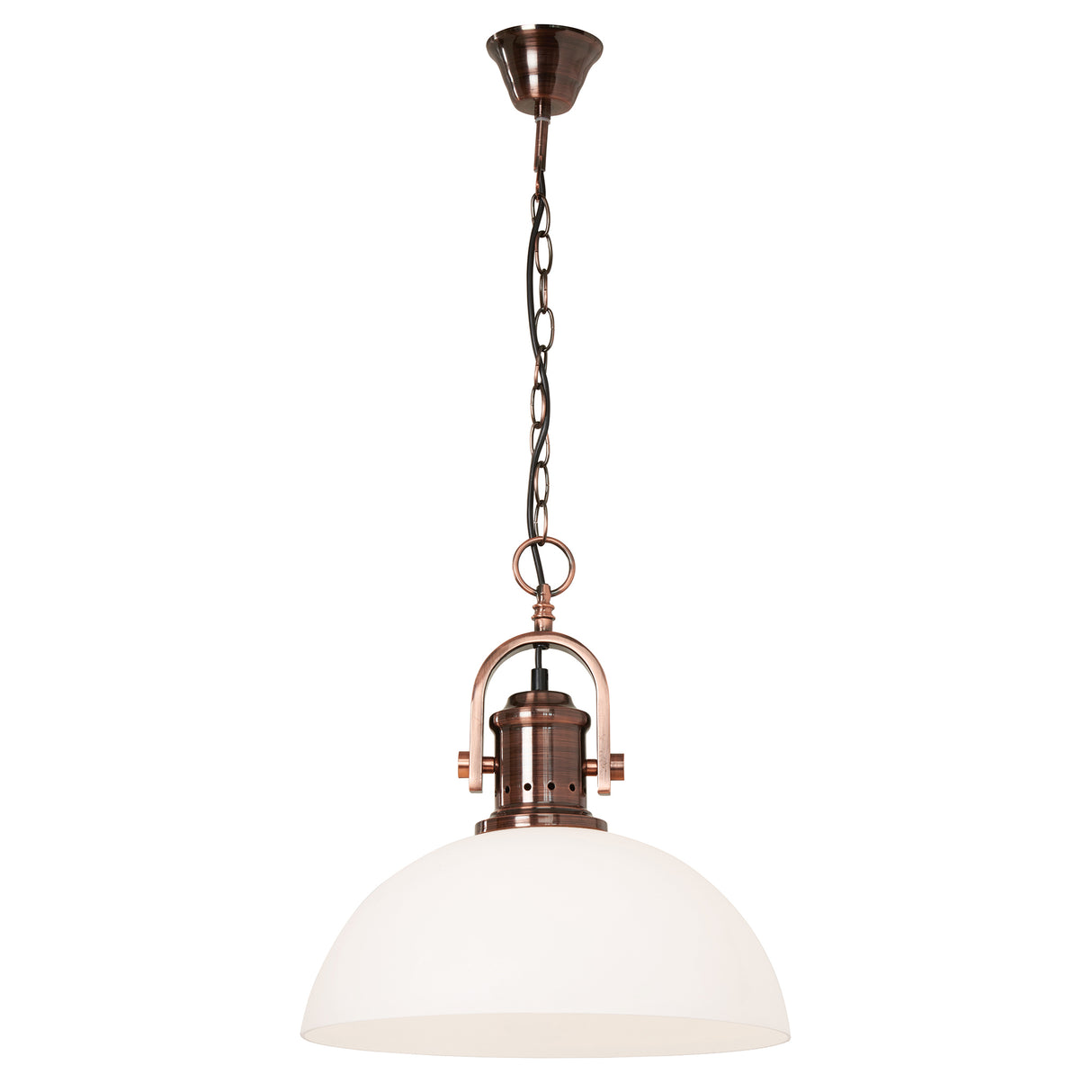 A brushed copper lantern style ceiling fitting handing from a long chain with a frosted glass dome shaped shade. The ceiling fitting is turned off in this picture.