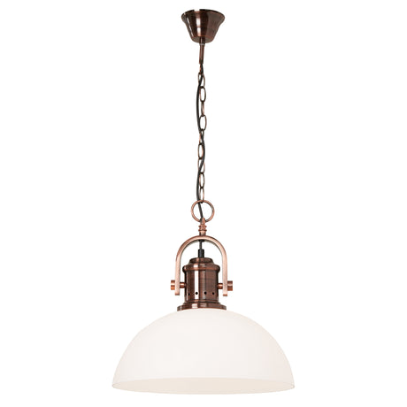 A brushed copper lantern style ceiling fitting handing from a long chain with a frosted glass dome shaped shade. The ceiling fitting is turned off in this picture.