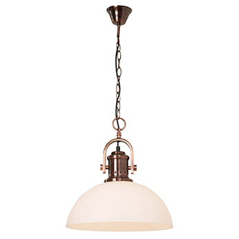 A brushed copper lantern style ceiling fitting handing from a long chain with a frosted glass dome shaped shade. The ceiling fitting is turned on in this picture.