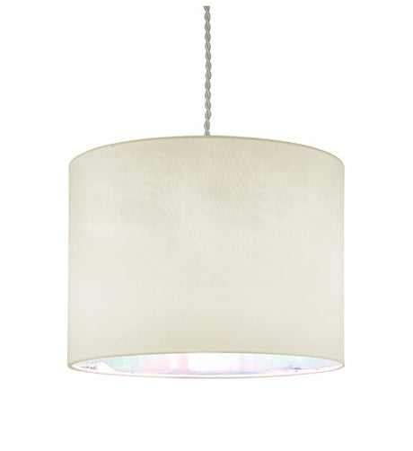 A picture of a pale cream coloured lampshade taken against  white background. The lampshade is hanging from a grey twisted cable.
