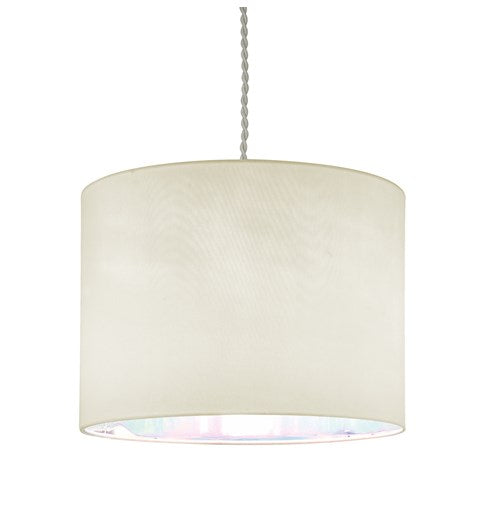 A picture of a pale cream coloured lampshade taken against  white background. The lampshade is hanging from a grey twisted cable.