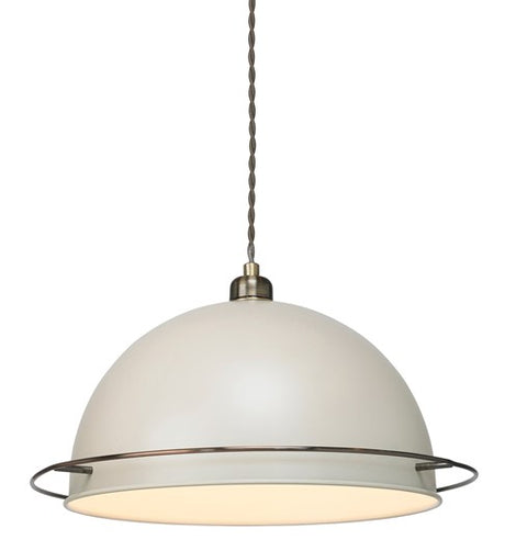 A retro looking cream metal domed pendant lampshade hanging on a grey coloured twisted ceiling cable. The dome shaped lampshade has a brushed copper coloured ring approximately 2.5cm or 1 inch from the bottom.