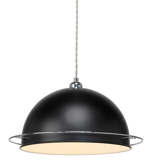A retro looking black lampshade hanging on a grey coloured twisted ceiling cable. The dome shaped lampshade has a shiny chrome ring approximately 2.5cm or 1 inch from the bottom.