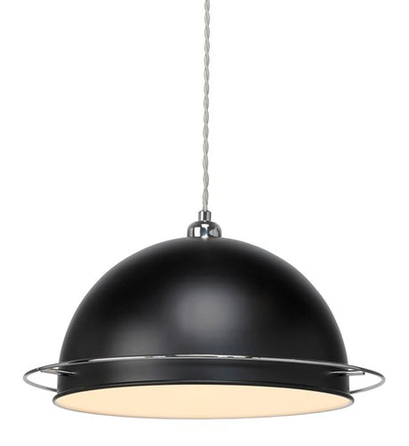 A retro looking black lampshade hanging on a grey coloured twisted ceiling cable. The dome shaped lampshade has a shiny chrome ring approximately 2.5cm or 1 inch from the bottom.
