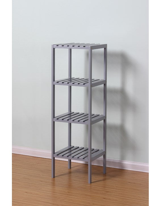 A picture of a grey wooden shelf unit with 4 slatted shelves taken against a grey wall and wooden floor.
