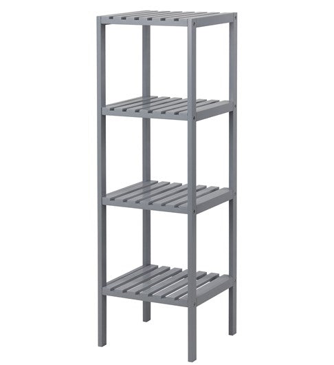 A picture of a grey wooden shelf unit with 4 slatted shelves taken against a white background.