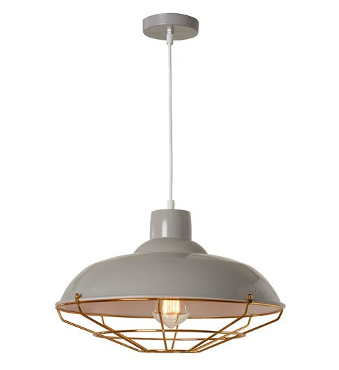 Grey metal industrial style pendant fitting with a metal wire cage at the bottom. The fitting has a white cable and grey ceiling plate, a decorative bulb is on in this picture.