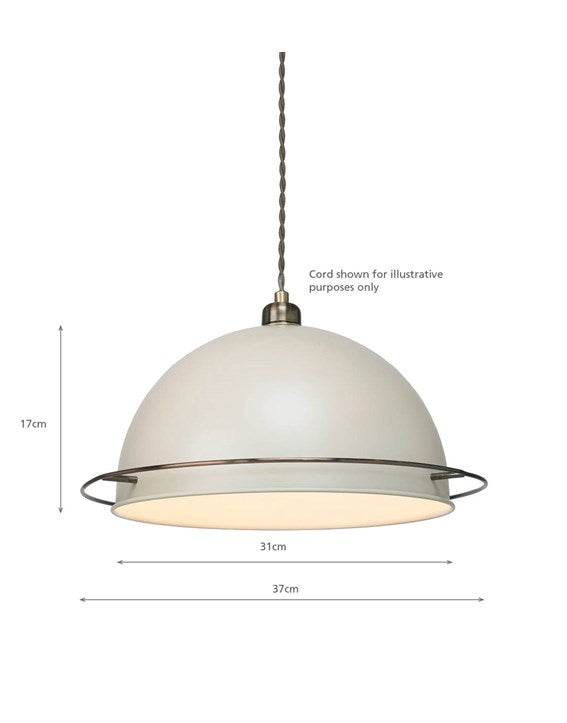 A retro looking cream meatl lampshade hanging on a brown coloured twisted ceiling cable. The dome shaped lampshade has a brushed copper coloured ring approximately 2.5cm or 1 inch from the bottom. The image shows that the pendant lampshade is 17cm high and 31cm wide (or 37cm including the chrome ring decoration). The brown twisted cable is not included.