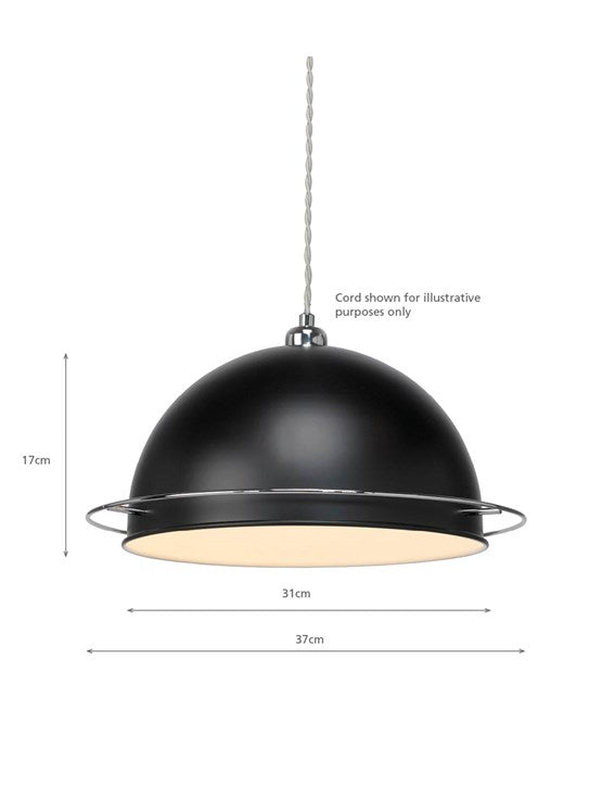 A retro looking black lampshade hanging on a grey coloured twisted ceiling cable. The dome shaped lampshade has a shiny chrome ring approximately 2.5cm or 1 inch from the bottom. The image shows that the pendant lampshade is 17cm high and 31cm wide (or 37cm including the chrome ring decoration). The grey twisted cable is not included.