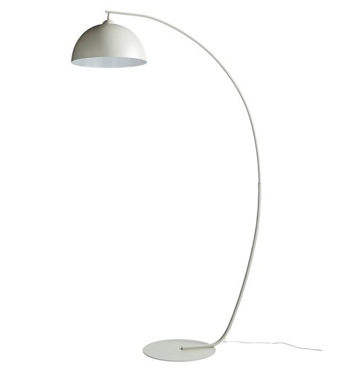 Large matt grey metal floor lamp in an arc shape with large domed lampshade