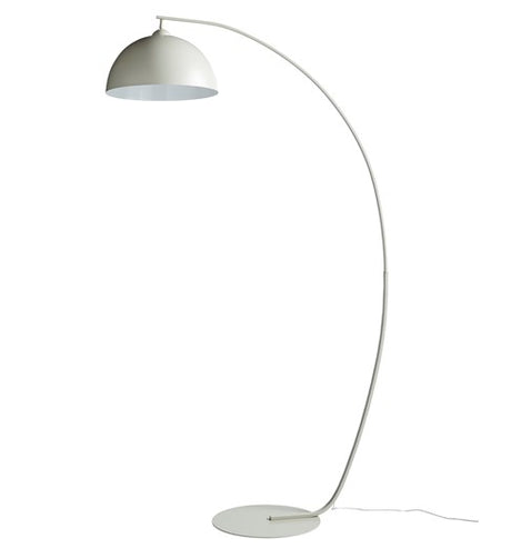 Large matt grey metal floor lamp in an arc shape with large domed lampshade
