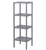 A picture of a grey wooden shelf unit with 4 slatted shelves taken against a white background.