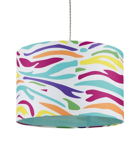 A zebra printed straight sided cylinder lampshade in fashion colours. The zebra stripes are printed in purple, yellow, green, orange, turquoise and fuchsia pink. The inside of the lampshade is lined in turquoise fabric.